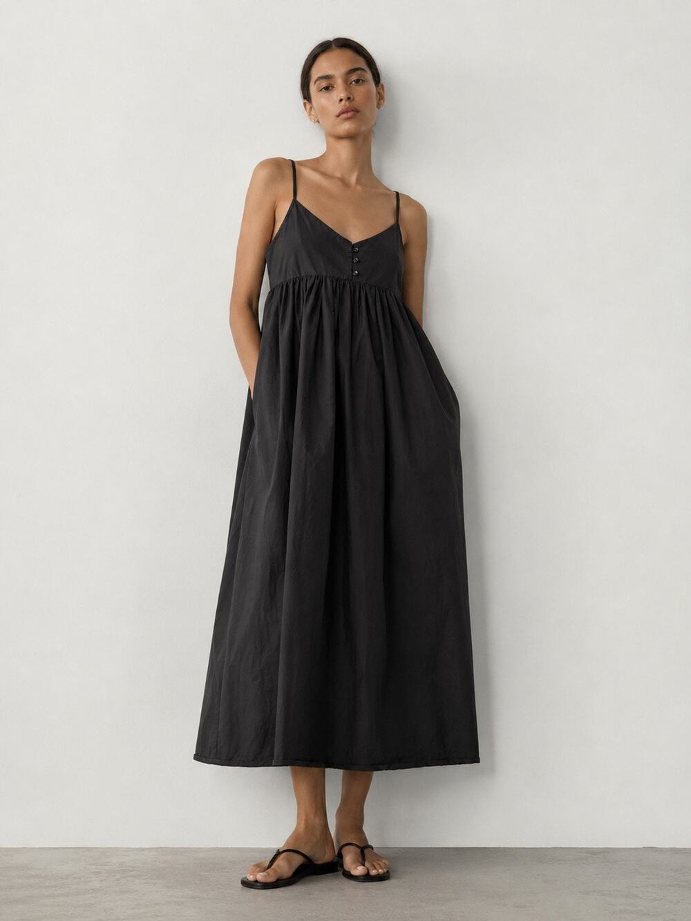 The Frankie Shop Maxi Dress XS/S Black Cotton Poplin Cami Gathered Minimalist